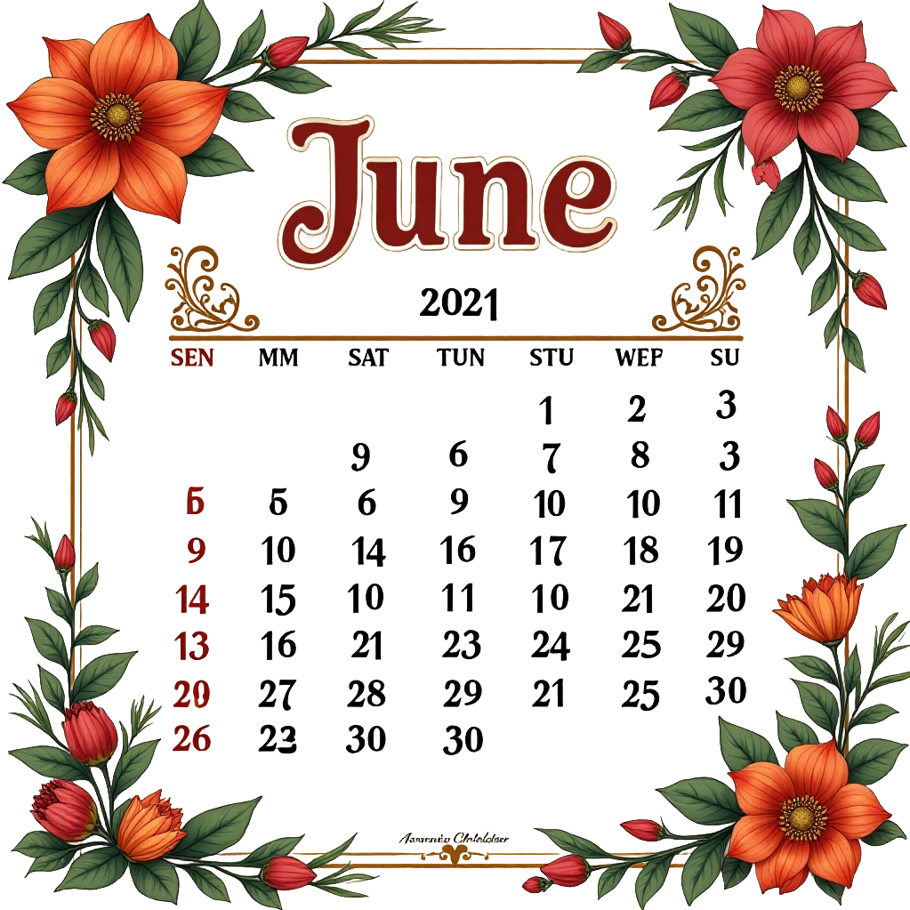 June 2021 Calendar with Floral Design